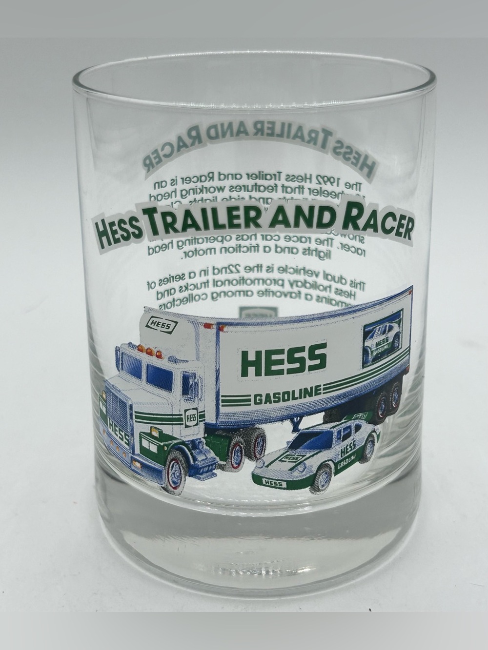 Vintage 1996 Hess Toy Truck Whiskey Glass Trailer Racer 10 oz